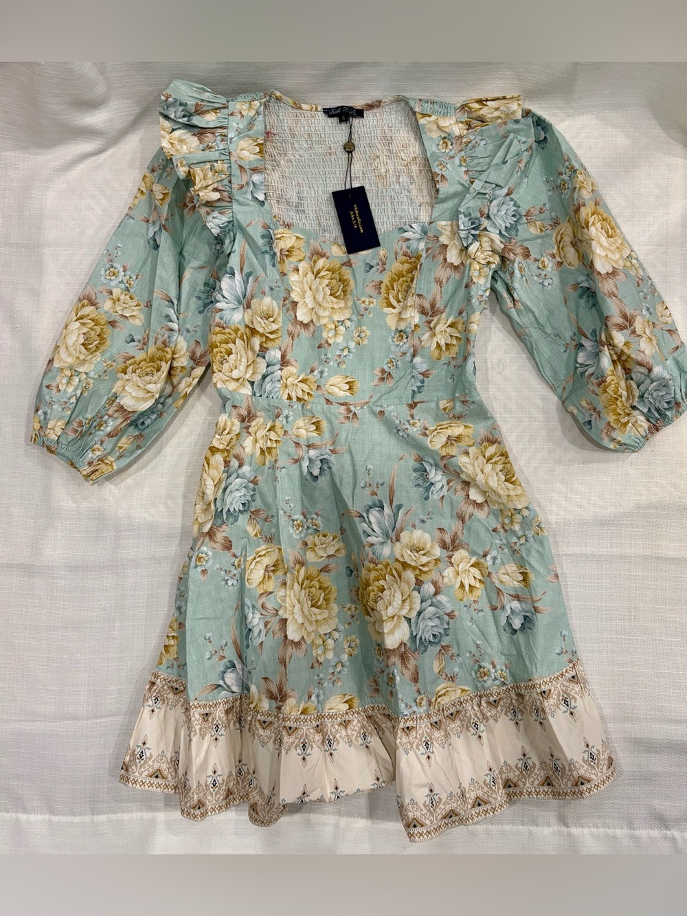 Trish Scully NWT Floral Puff-Sleeve Mini Dress in Mint Green and Cream